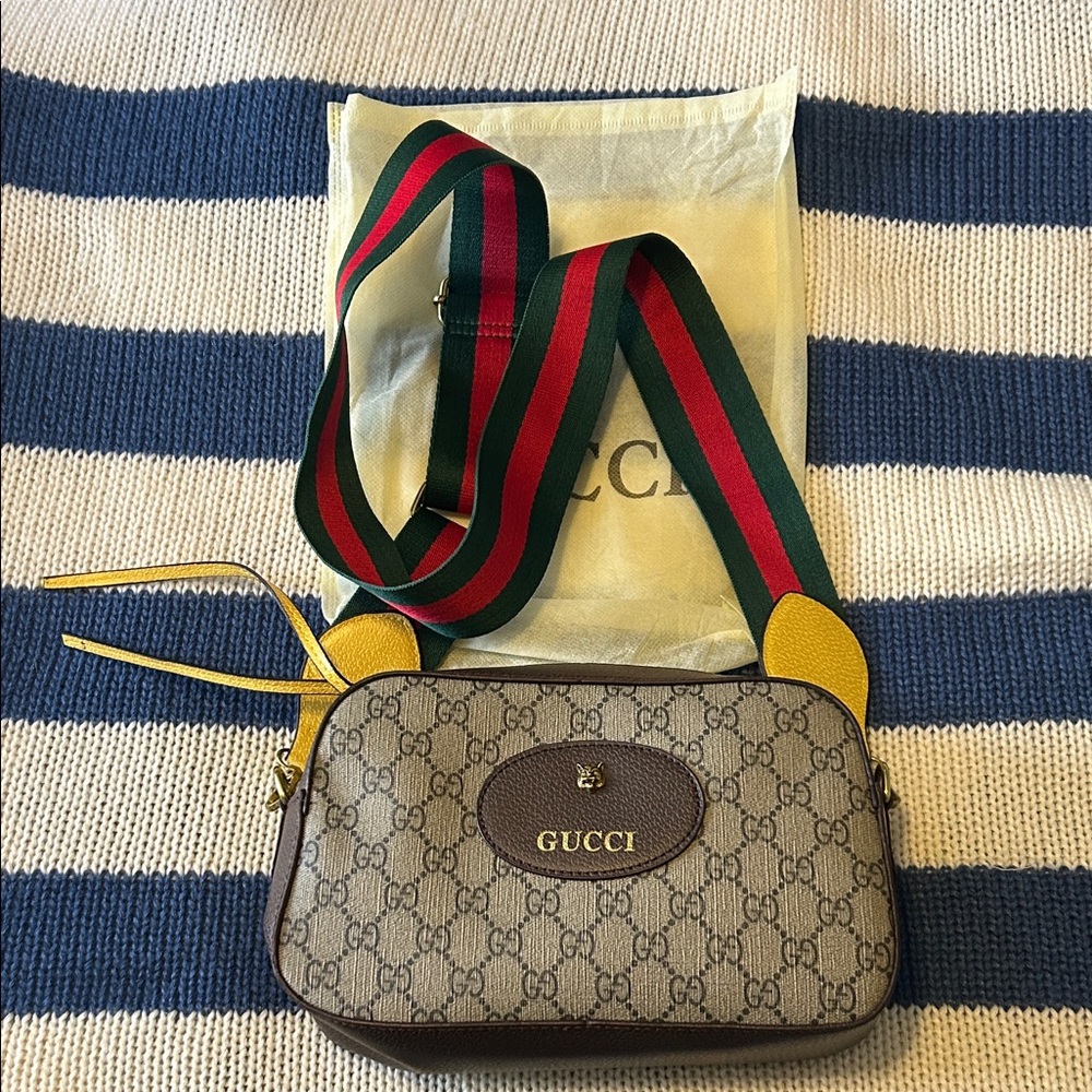 Beige and Yellow Shoulder Bag with Green and Red Strap